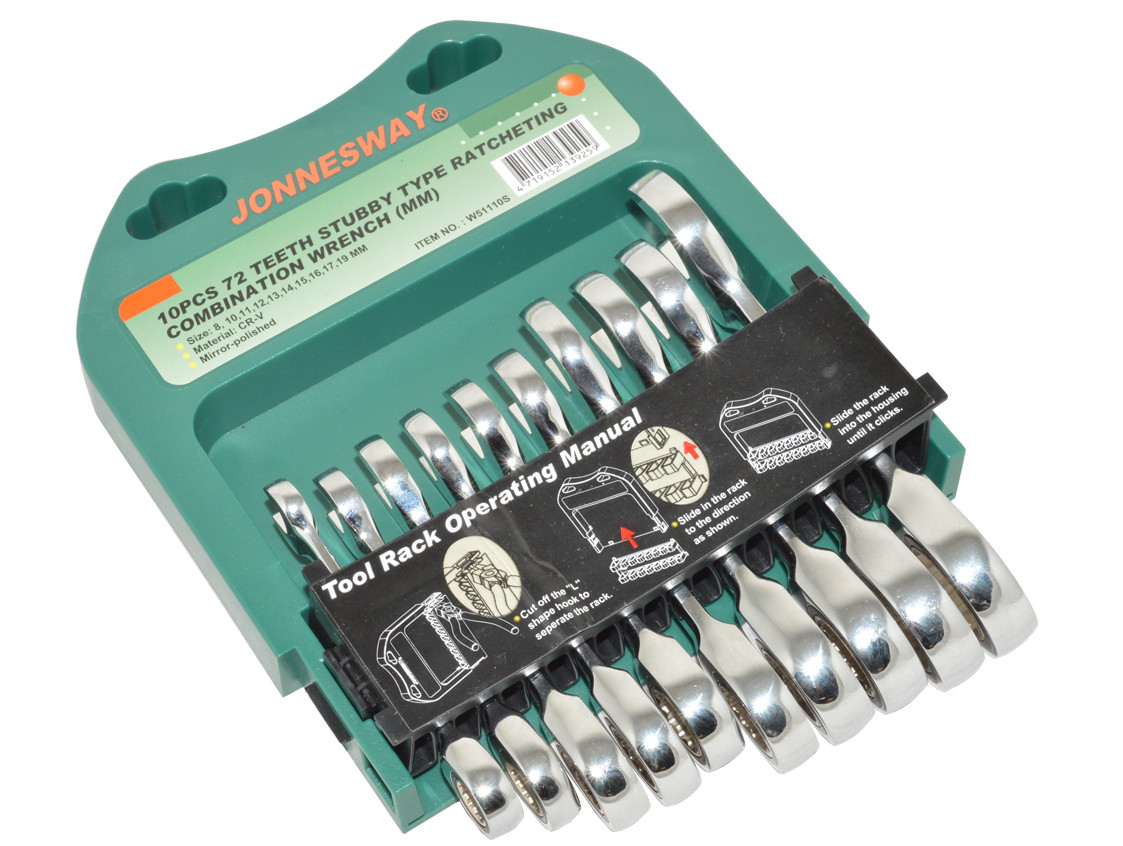 Jonnesway 10 Pcs 72 Teeth STUBBY Type Ratcheting Combination Wrench Metric: 8-19