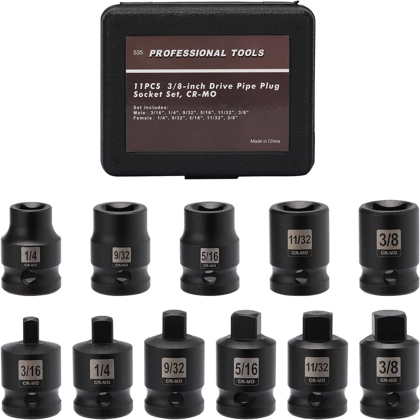 3/8″ Drive 11Pc SAE Pipe Plug Impact Socket Set Tapered Male Female Square Drive
