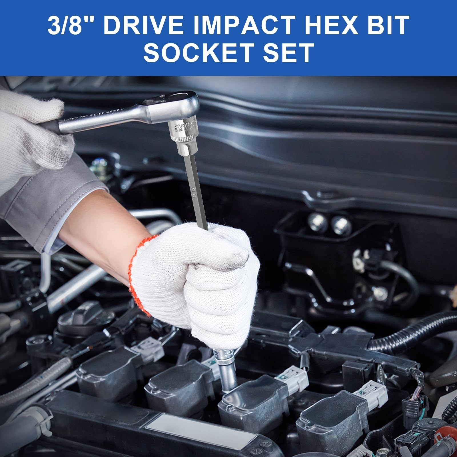 20PCS Extra-Long Allen Hex Bit Socket Set, 3/8″ Drive, SAE & Metric Sizes, CR-V/