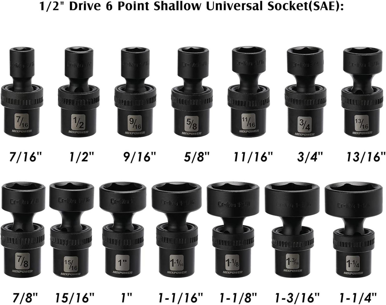 Impact Socket Set 1/2 Inch Drive Shallow Universal Joint Wobble Chrome