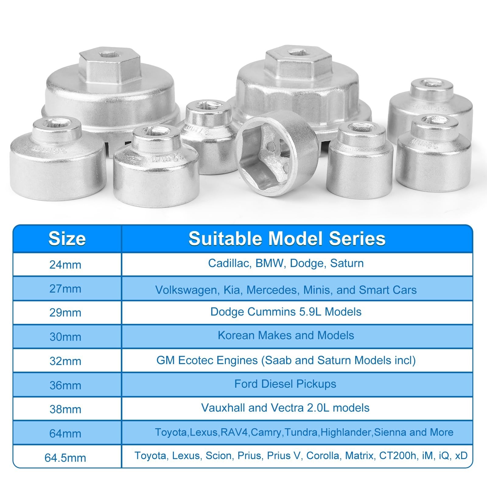 10pcs Oil Filter Wrench Socket Set, 24-64mm, Compatible with Toyota VW BMW Ford