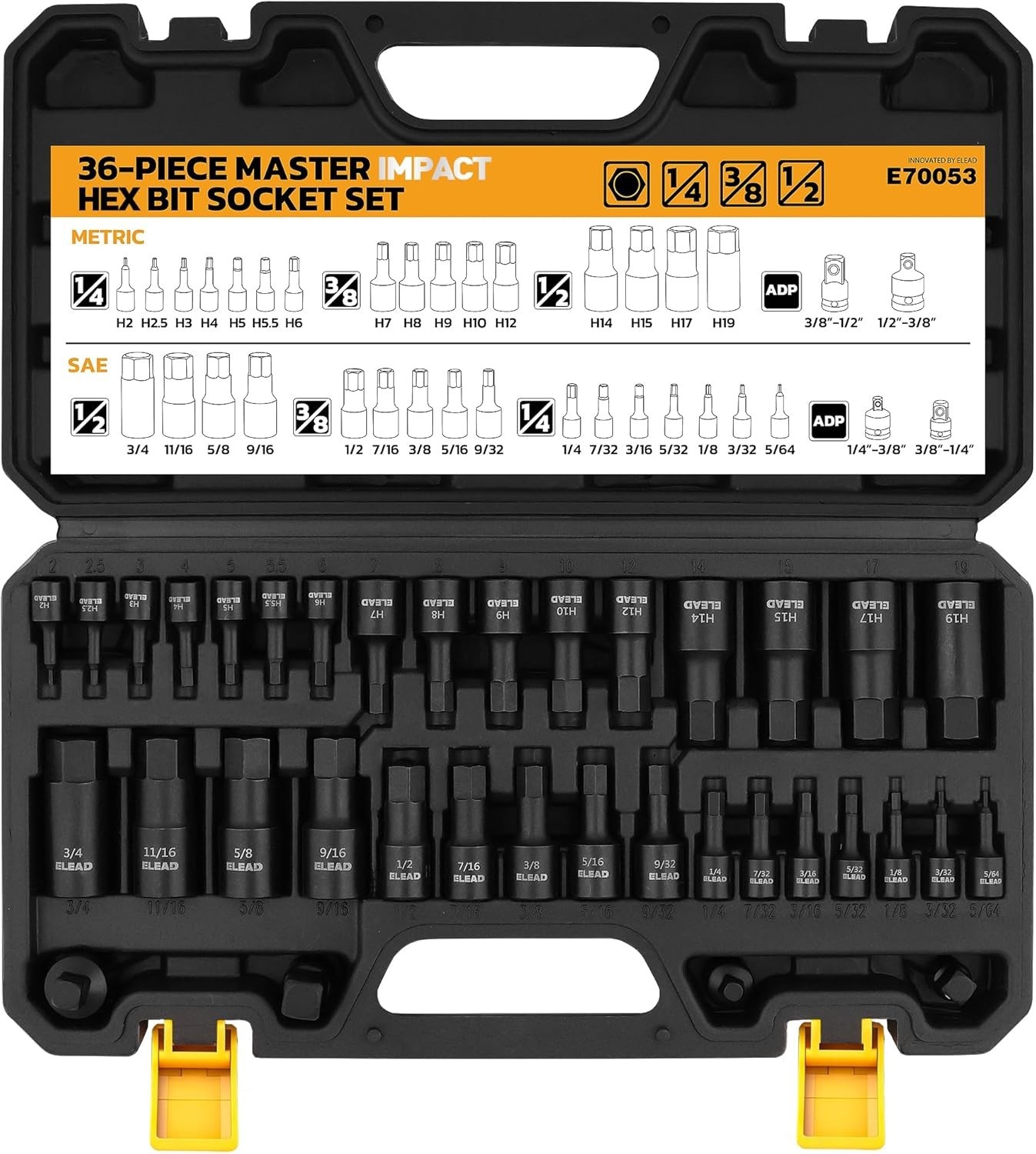 Hex Bit Impact Socket Set: 36-Piece with 4 Adapters, 1/4″, 3/8″, 1/2″Drive Ma…