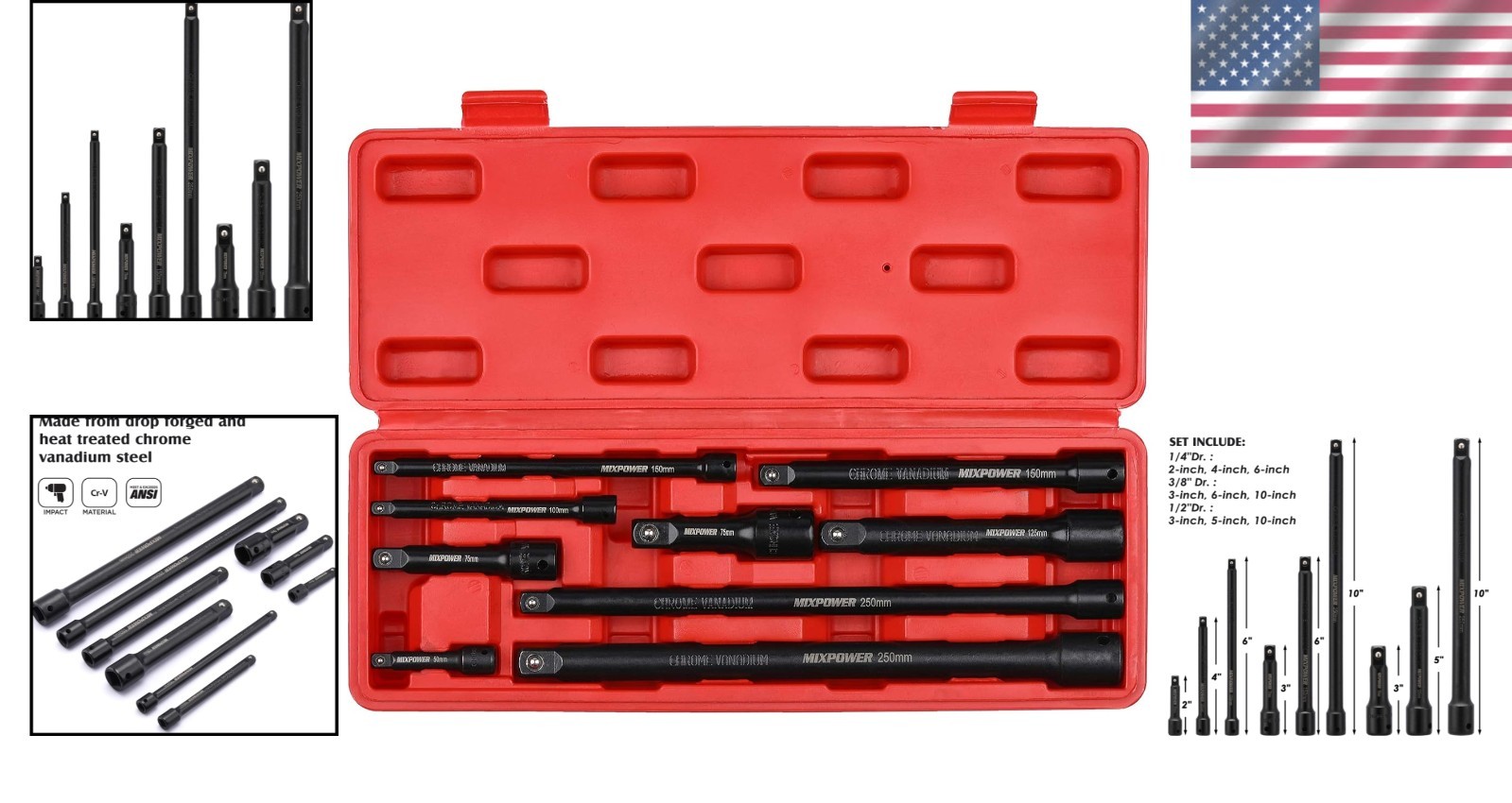 9-Piece Impact-Ready Extension Bar Set with Chrome Vanadium Steel