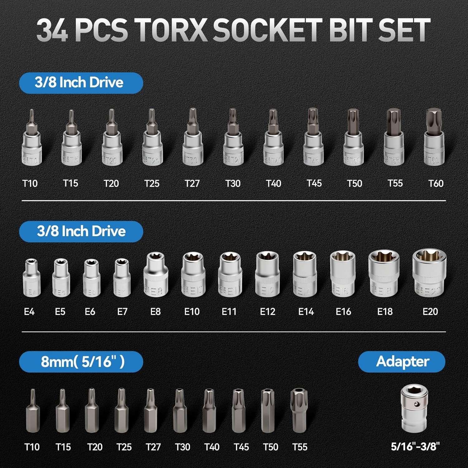 Drive Male Female Torx Star Bit Socket E-Socket Set Handheld Tool 34Pcs For Car