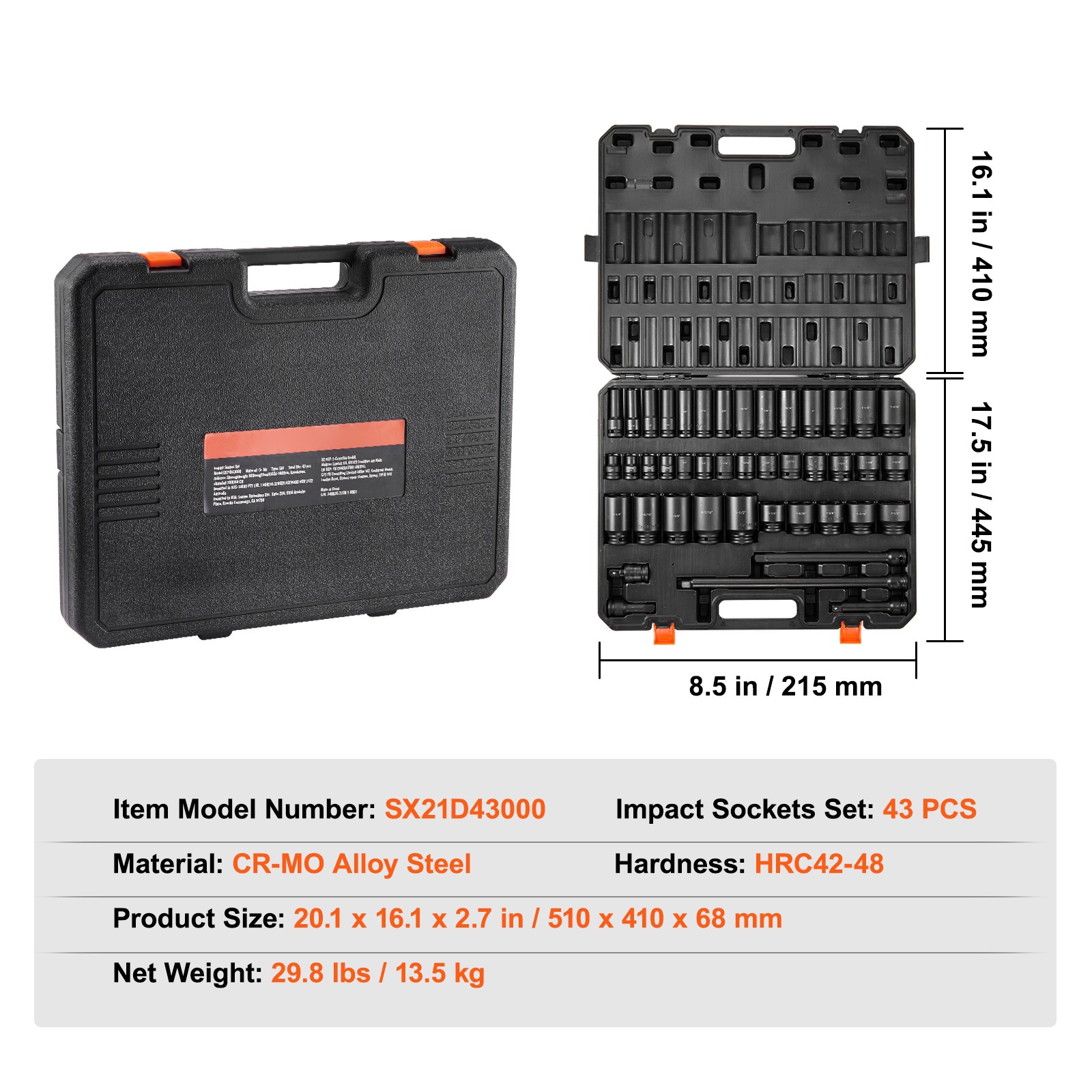 Uimoso 43-Piece 6-Point Impact Socket Set with 1/2in Drive and Ratchet Tool Kit