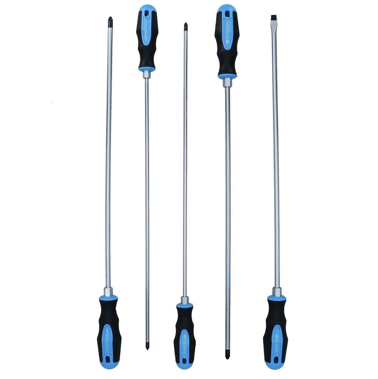 High Grade Chrome Vanadium Steel Extra Long Screwdriver Set 450mm Pozi Flat 5pc