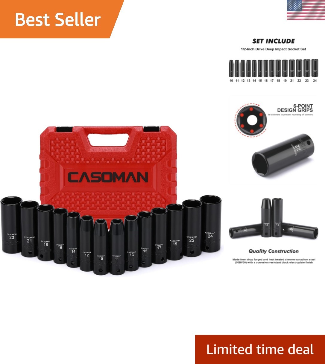 Durable 1/2-Inch Drive Metric Deep Impact Socket Set, 10mm to 24mm, 14-Piece