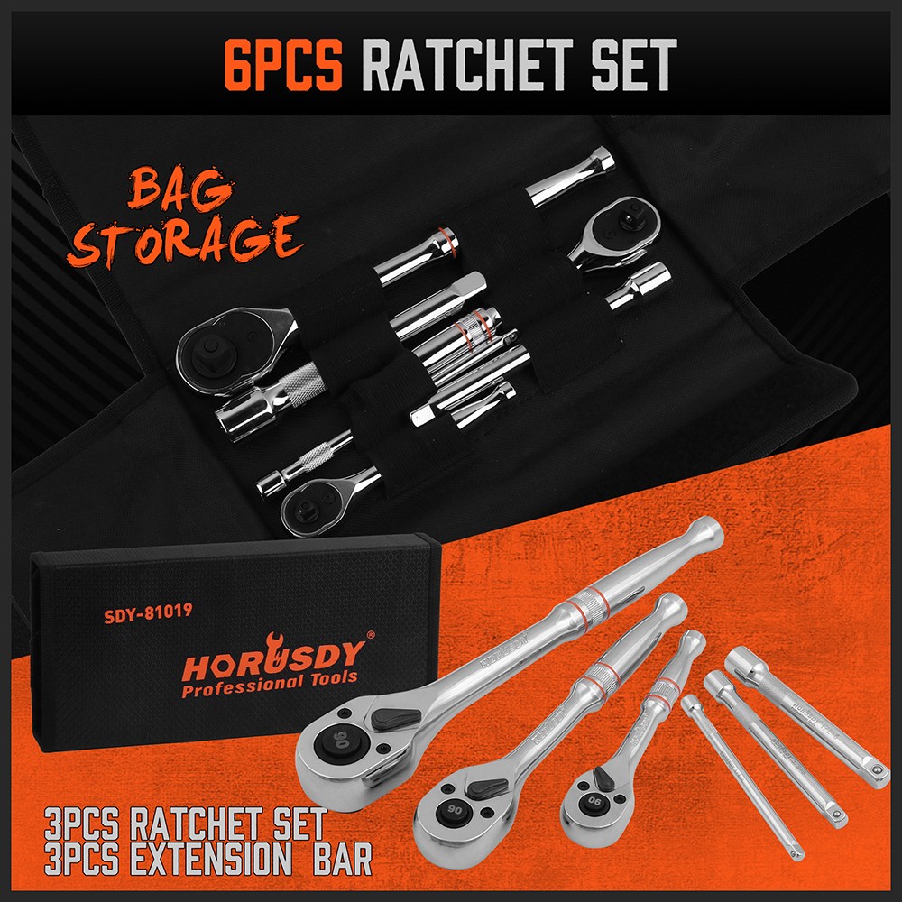 6PC 1/4″ 3/8″ 1/2″ Ratchet Handle Extension Bar Set CR-V W/ Bag Quick Release 90