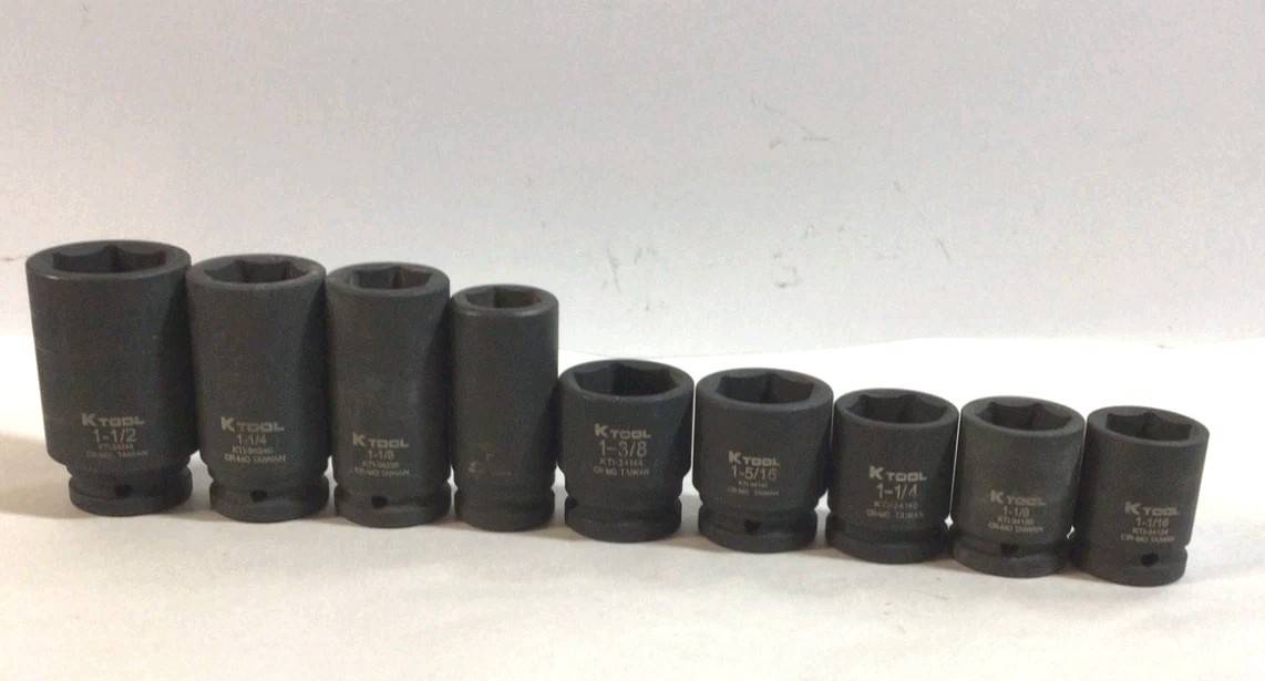K Tool Lot of 9 Deep and standard impact socket SAE see Description for sizes