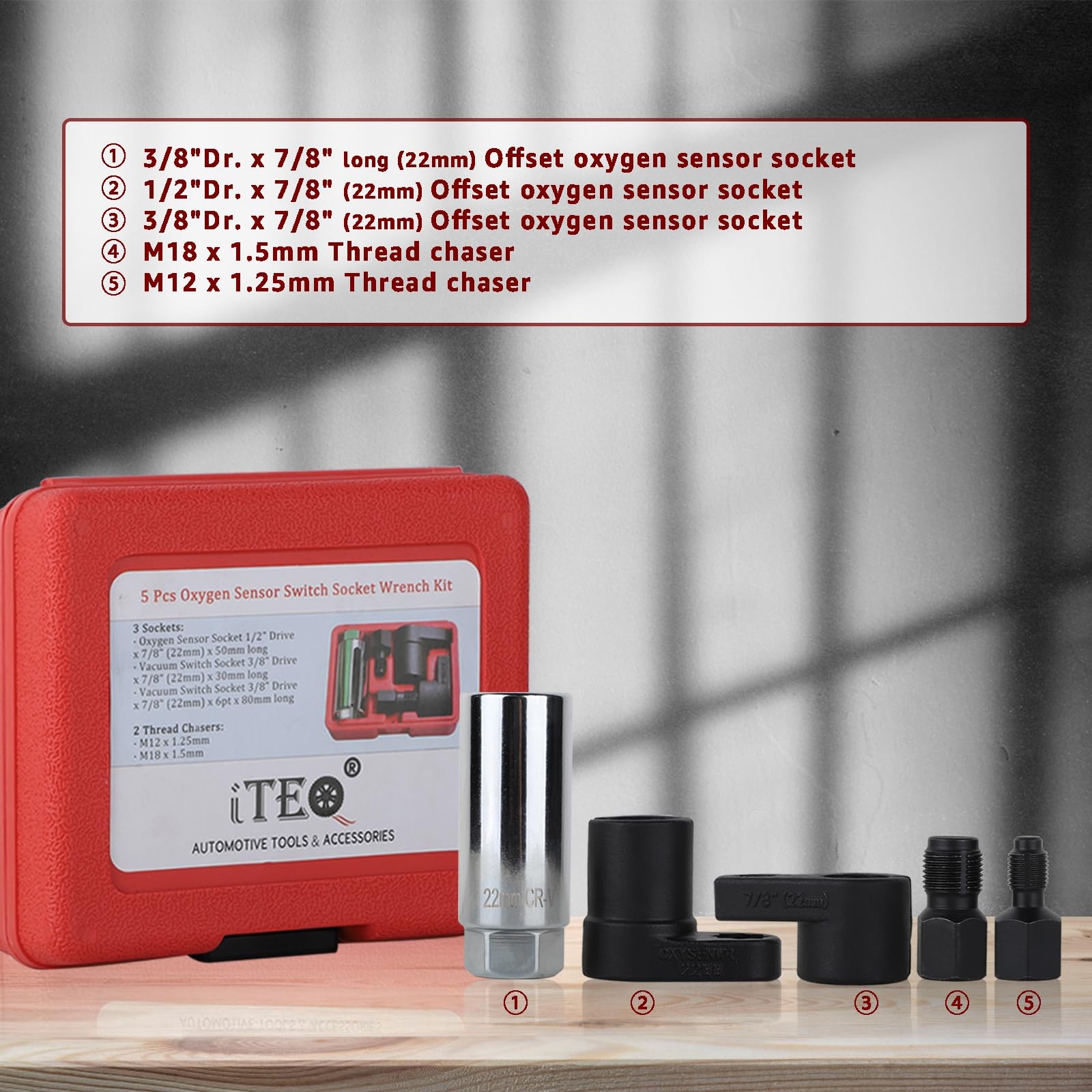 ITEQ 5 Pcs Automotive Oxygen Sensor Socket Wrench 7/8” 3/8” 1/2”, Black White