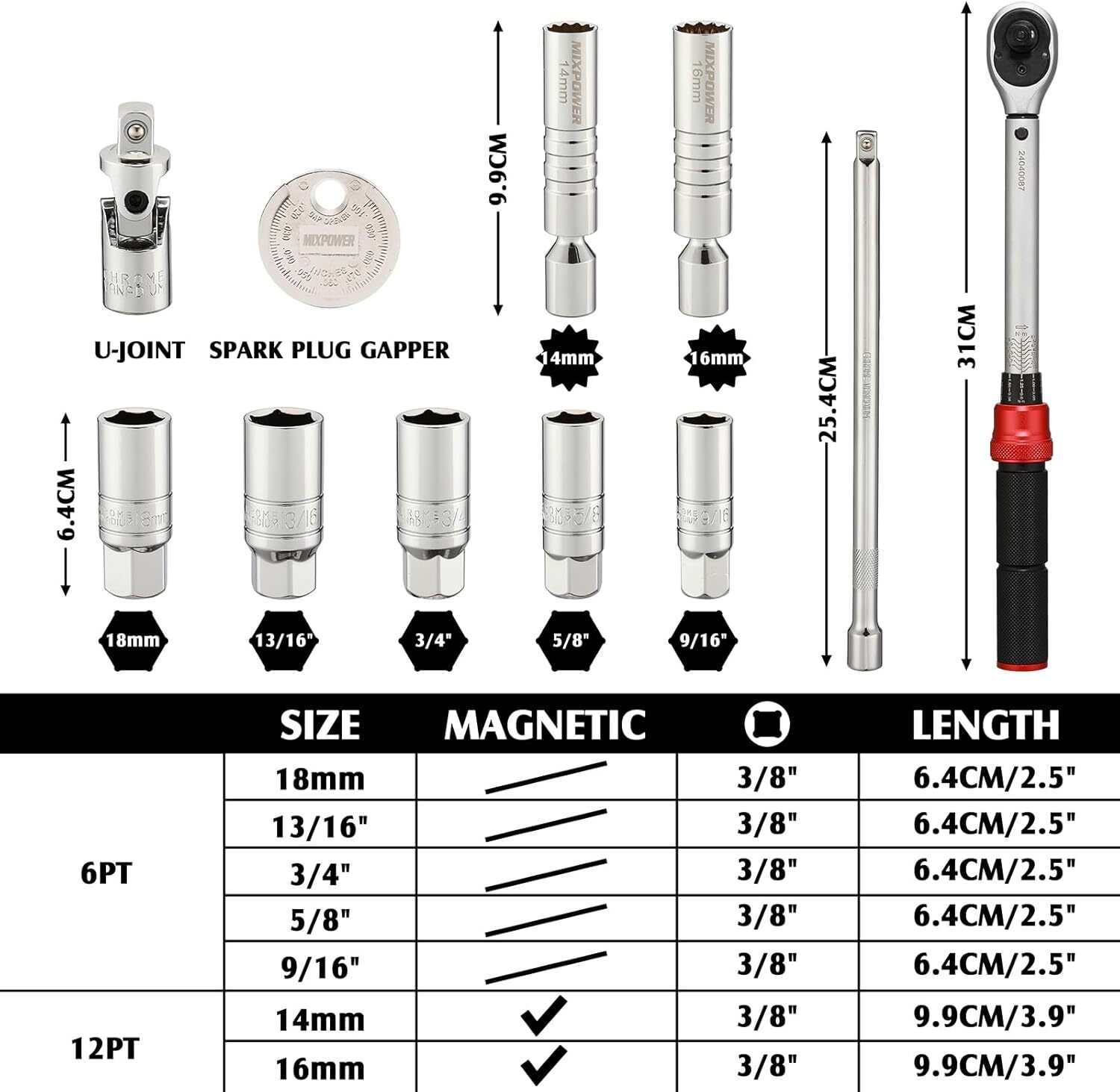 11PCS 3/8″ Drive Magnetic Spark Plug Socket Set with Torque Wrench 6 & 12 Point