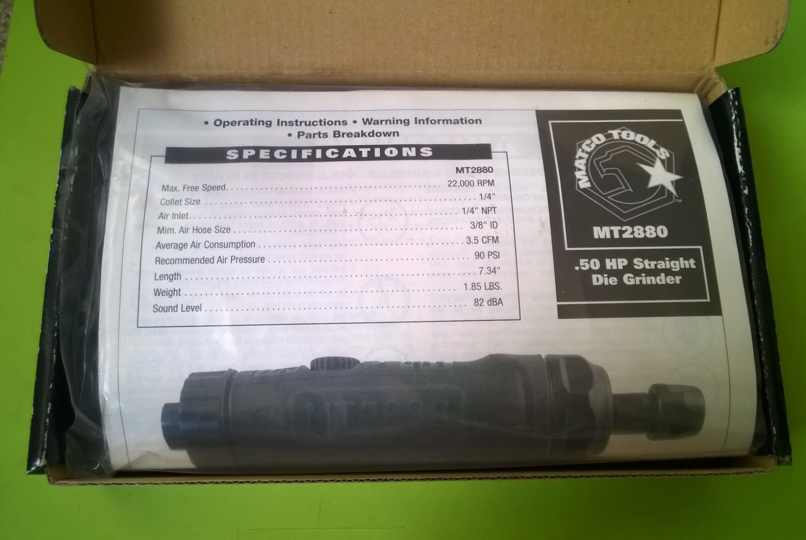 Matco Tools MT2880 .50HP Pneumatics Air Straight Die Grinder 22,000 RPM Black