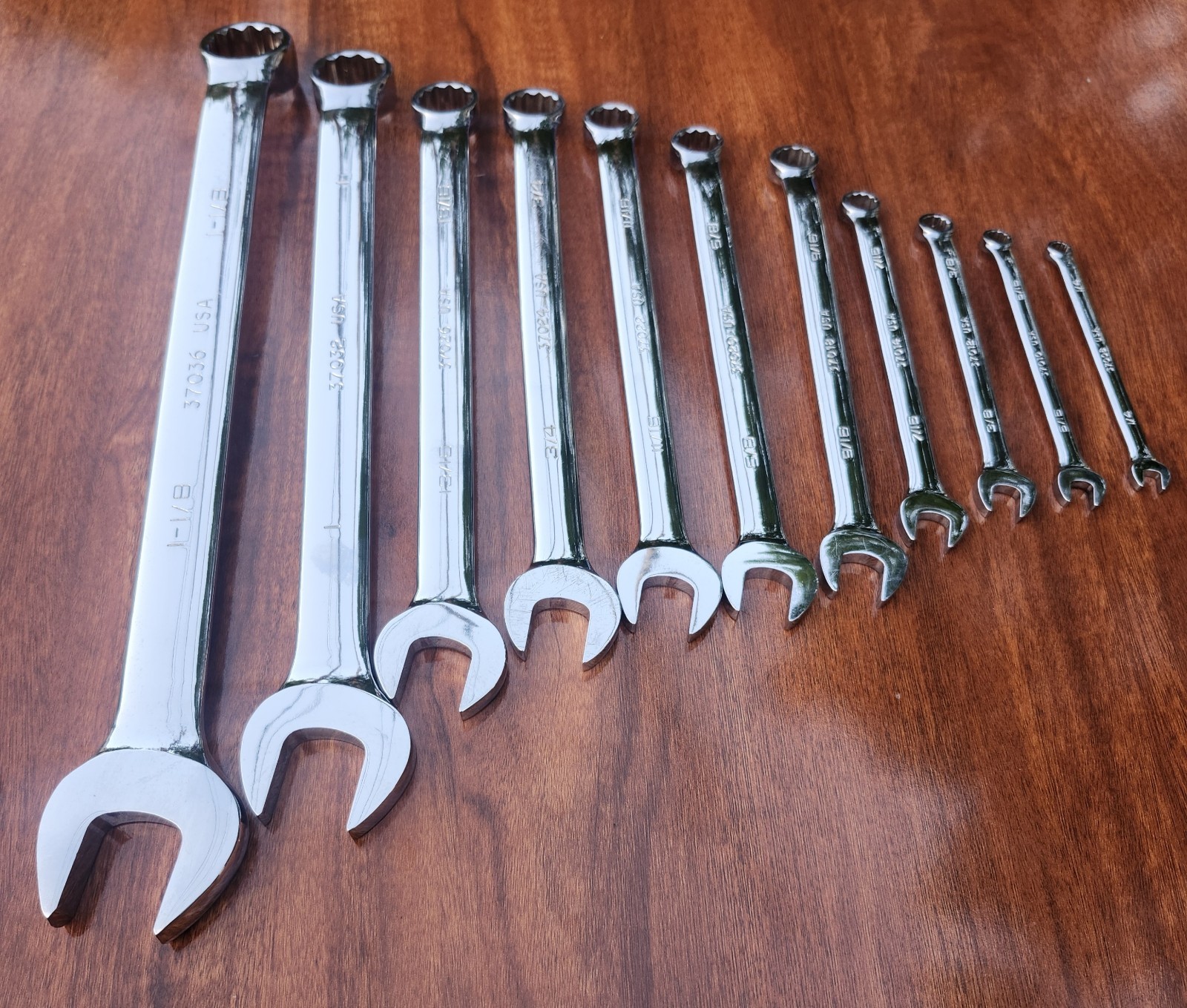 Vintage =Husky= USA 1-1/8″ to 1/4″ Full Polished Comb Wrench Set 11 Pc USA 🇺🇸