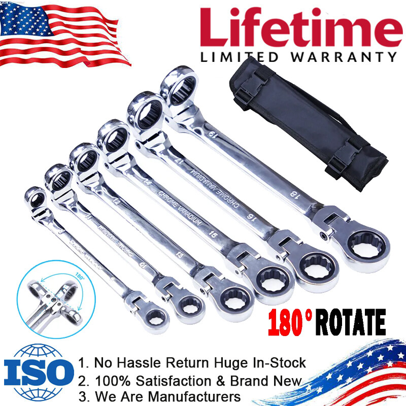 Double Box End Ratcheting Wrench Flex-Head 6PCS Spanner Set Metric Universal New