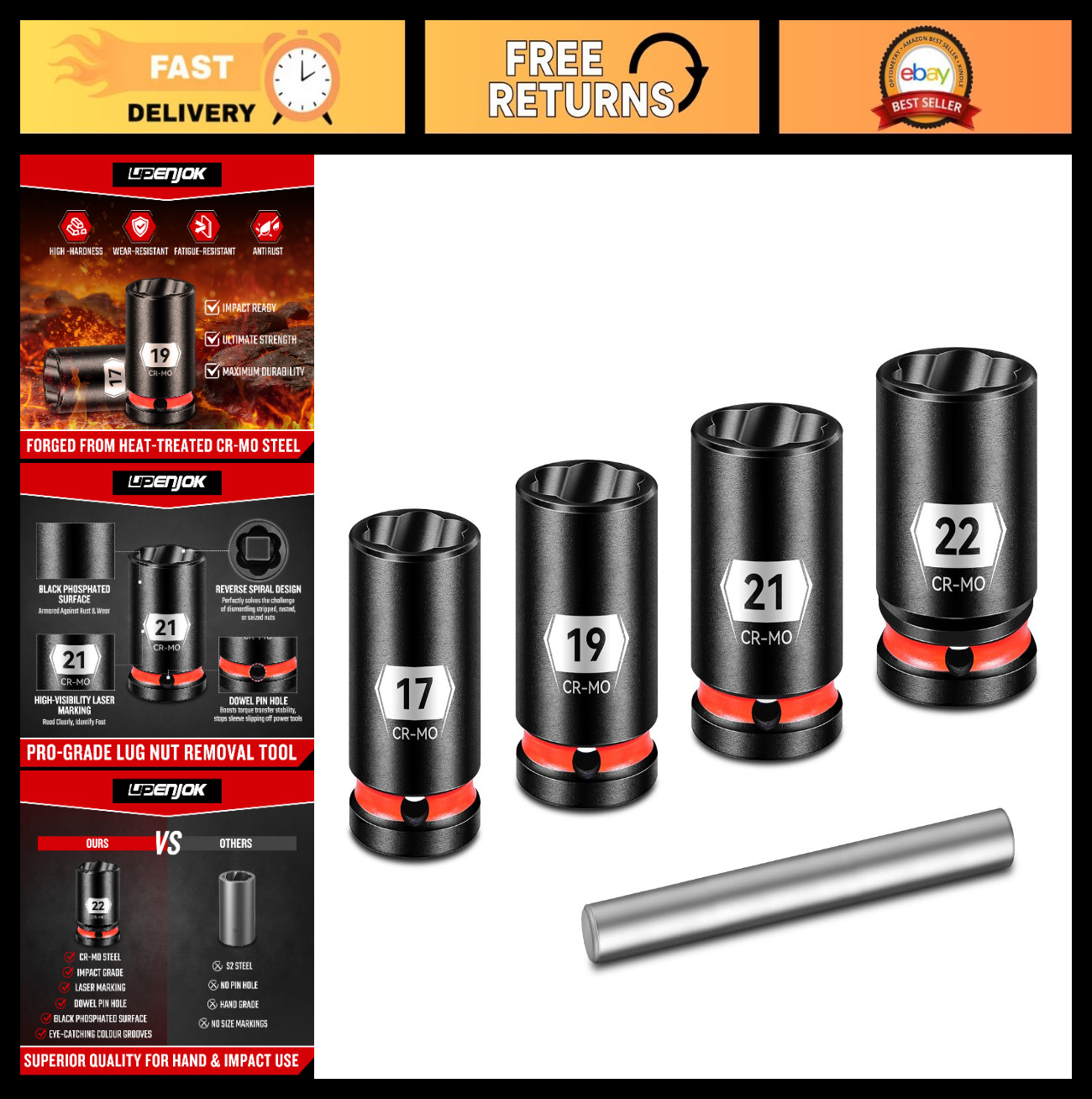 5-Piece Lug Nut Remover Tool Set – Bolt Extractor Socket Kit for Stripped Nuts (