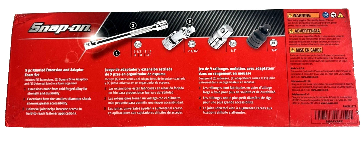 Snap-on Tools RED 9pc 3/8 Drive Extension Adaptor Foam Kit Set 209AFXAFR USA NEW