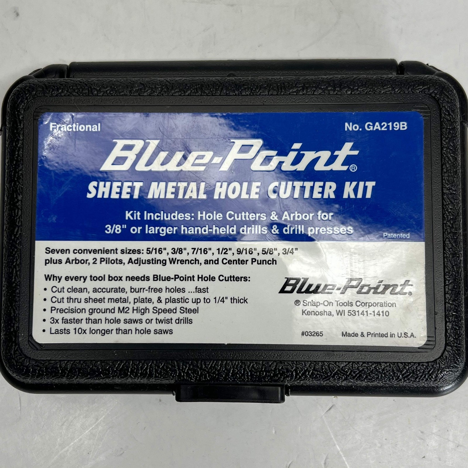 BLUE POINT Snap on Sheet Metal Hole Cutter Kit Design Prevents Clogging GA219B