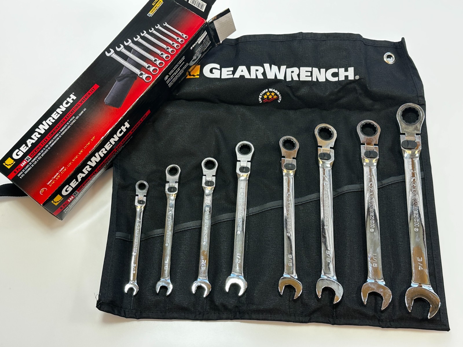 NEW GearWrench 85798 8pc 5/16-3/4 12 Point XL LOCKING Flex Head Wrench Set RARE