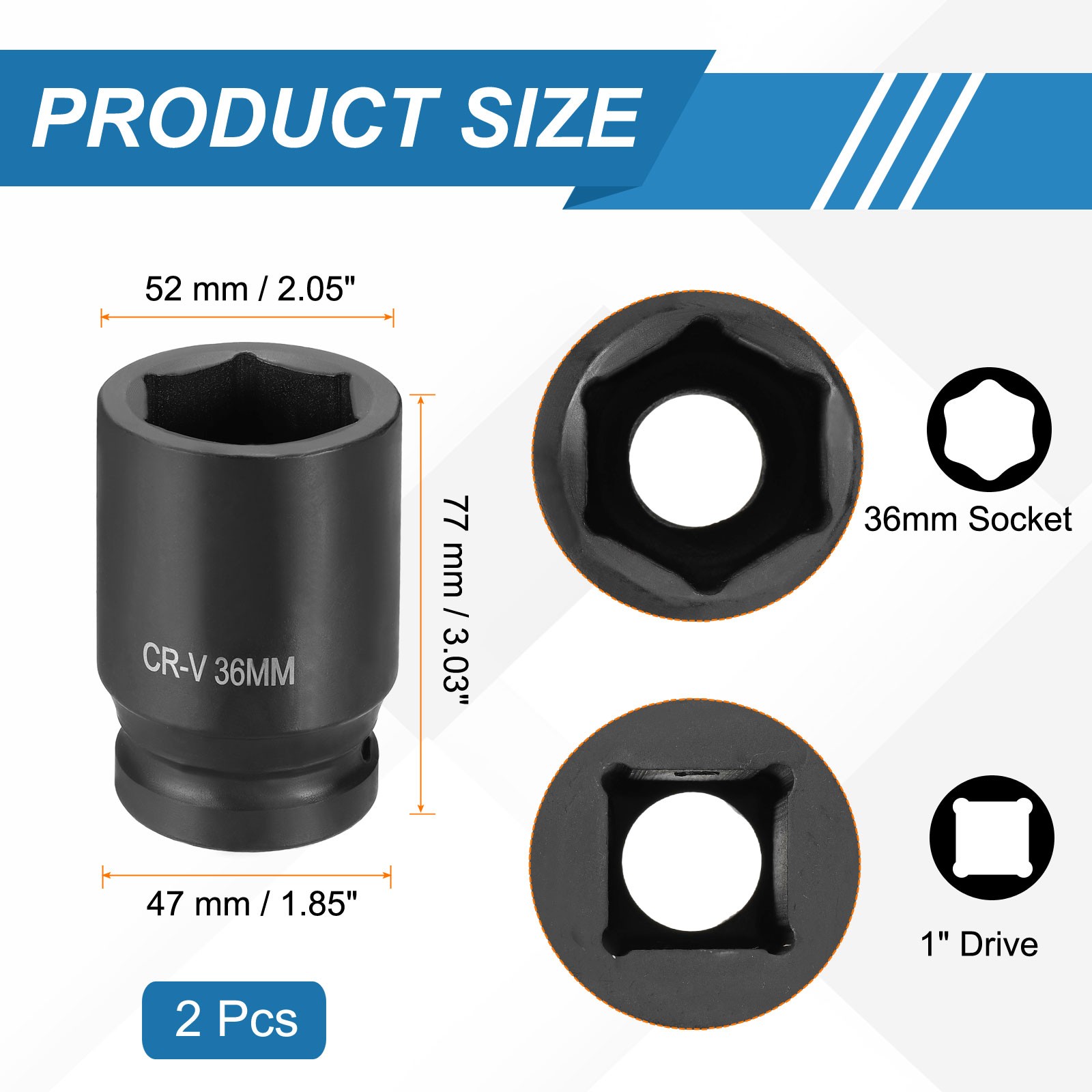 2pcs 1 Inch Drive 36mm 6 Point Impact Socket Chromium Vanadium Steel