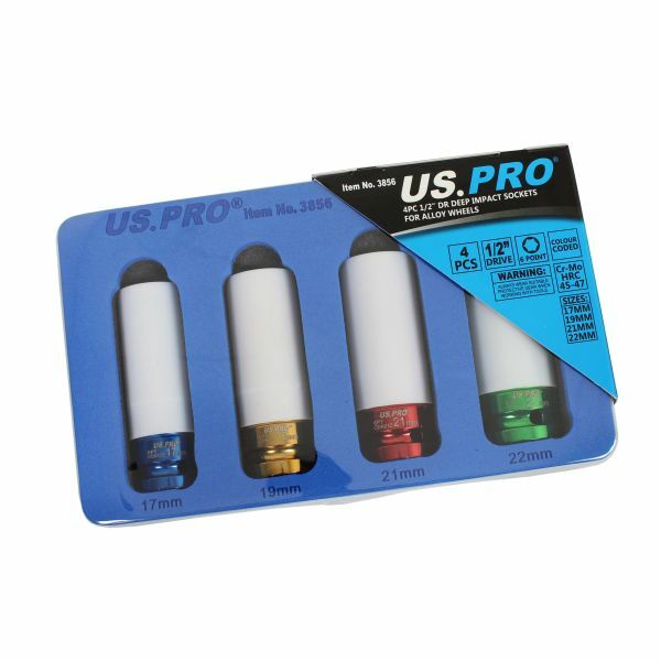 US PRO 4PC 1/2″ DRIVE Deep Alloy Wheel Impact Sockets 17mm 19mm 21mm 22mm 3856