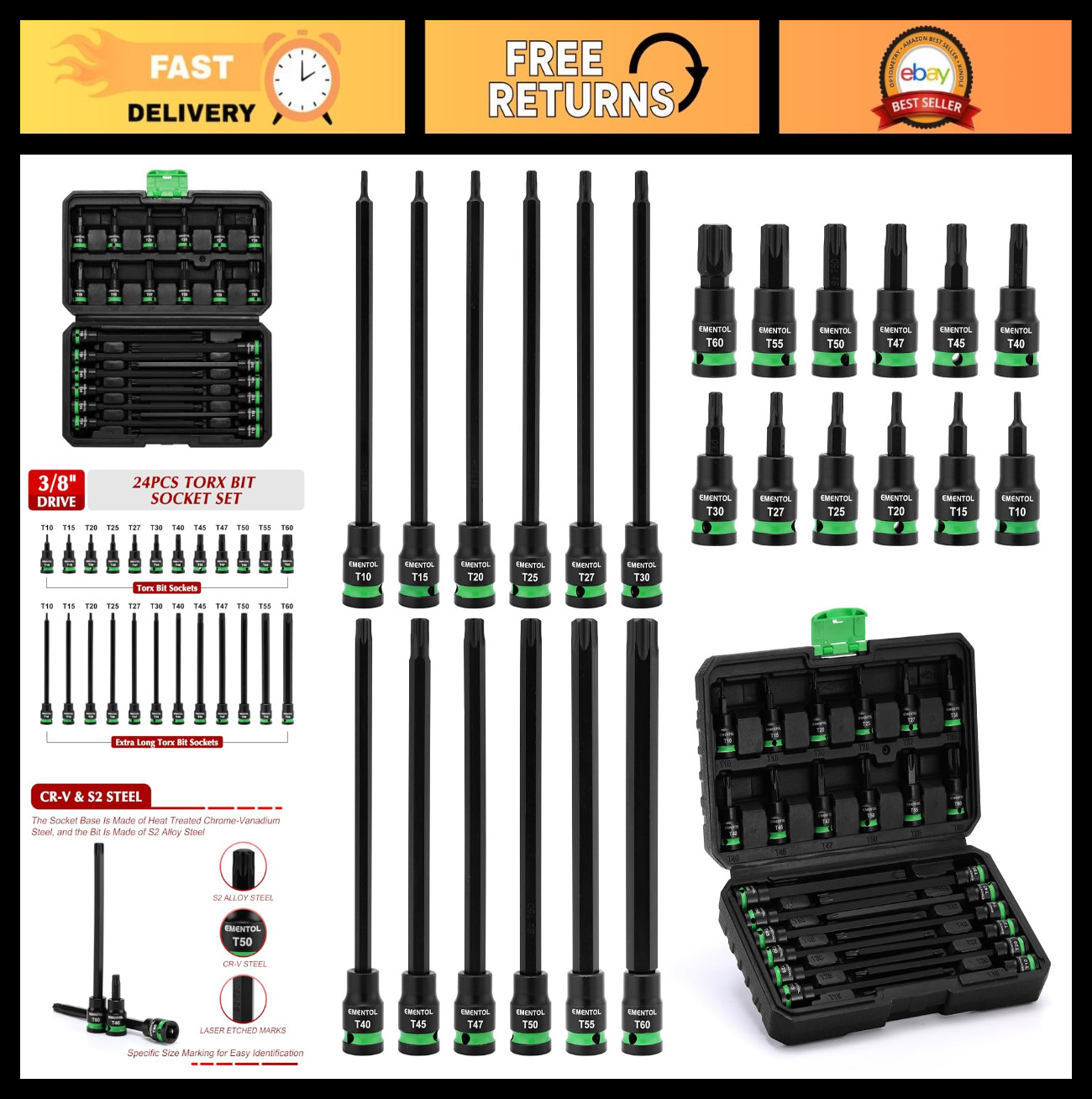 24PCS 3/8″ Drive Extra Long Torx Bit Socket Set T10-T60, Cr-V & S2 Steel