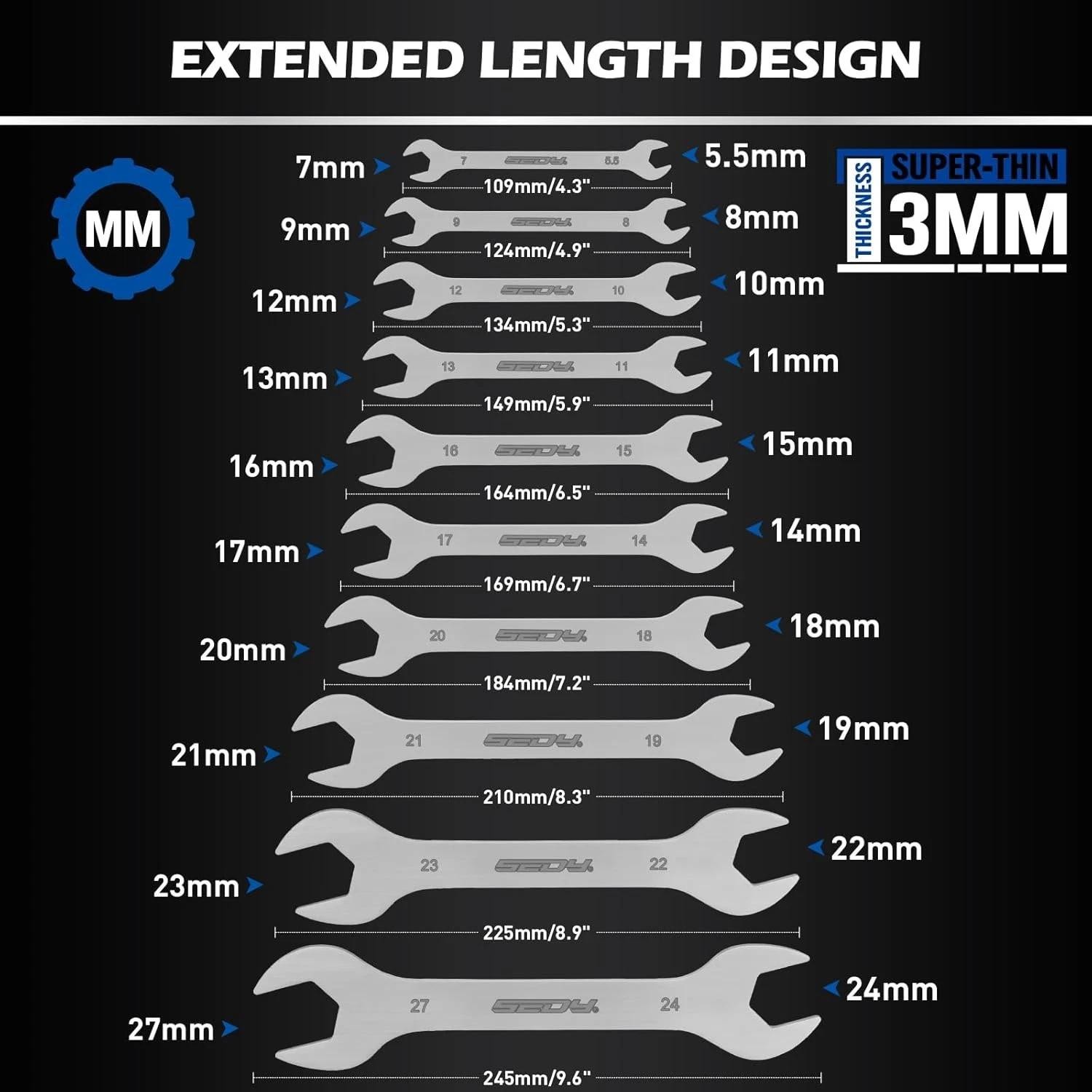 19-piece Super Thin Open-end Wrench Set, Sae 1/4"-1-1/16" & Metric