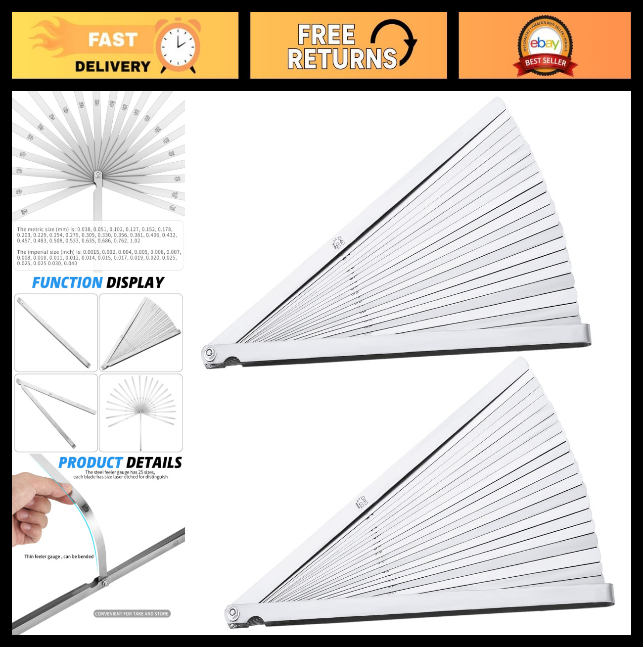 25-Blade Feeler Gauge Set 0.038-1.02mm, Stainless Steel Dual Marked Tool for Pre