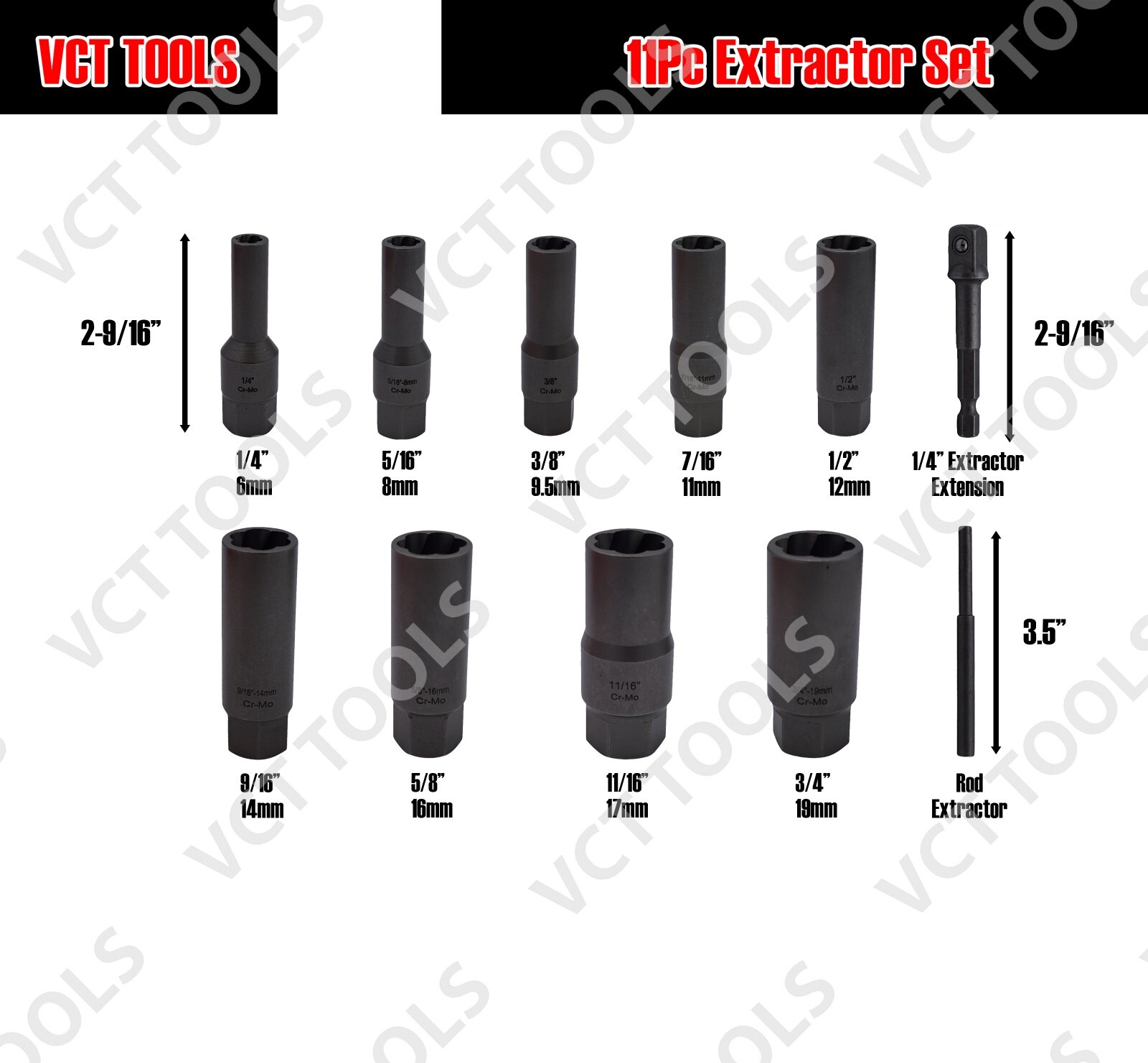 NEW 3/8″ Drive Bolt, Stud, and Spark Plug 11pc Deep Spiral Extractor Set