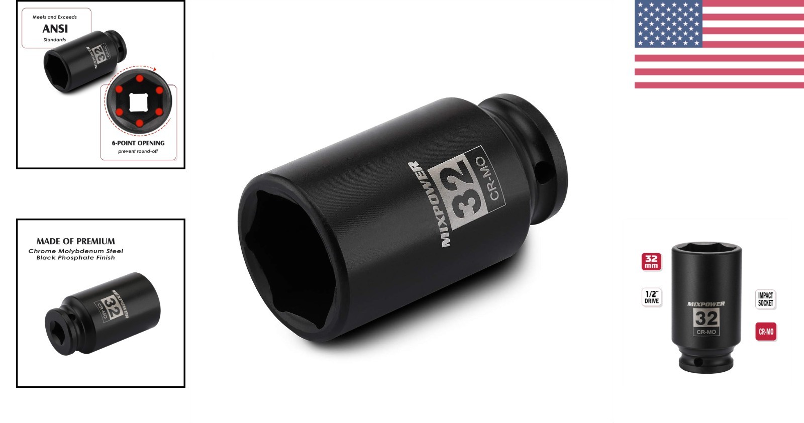 Professional Grade 1/2″ 32mm Axle Nut Socket, CR-MO with Black Phosphate Finish