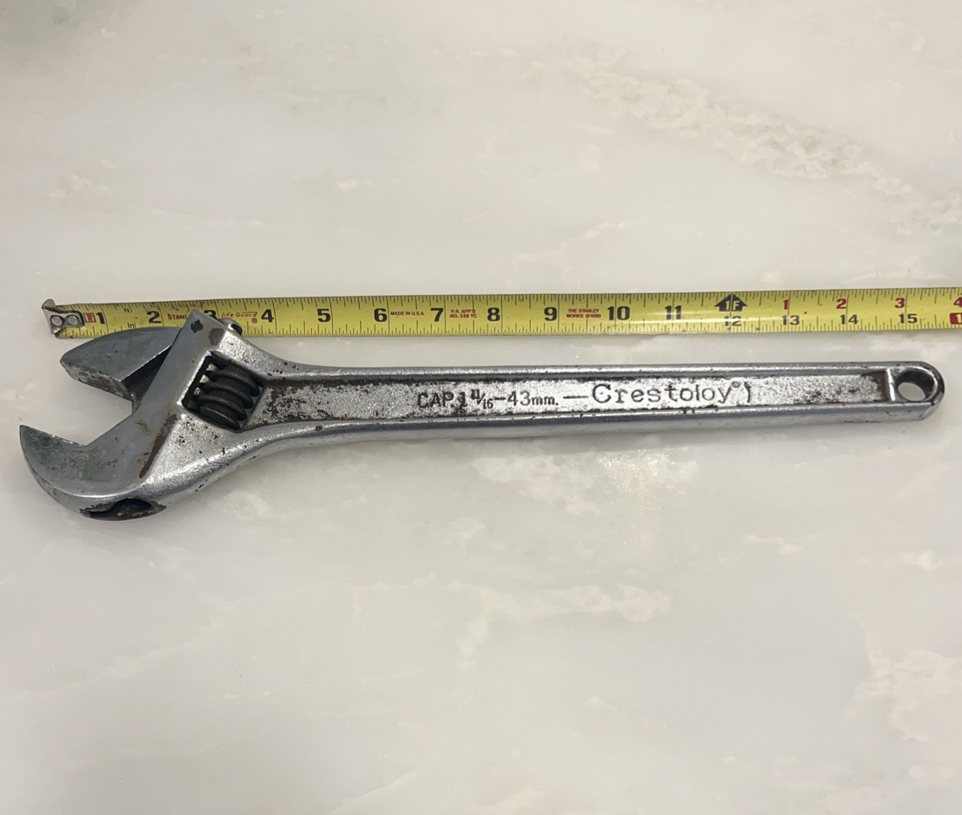 Vintage Crescent Tool Crestoloy 15″ Adjustable Wrench Made USA Cap 1 11/16” 43mm