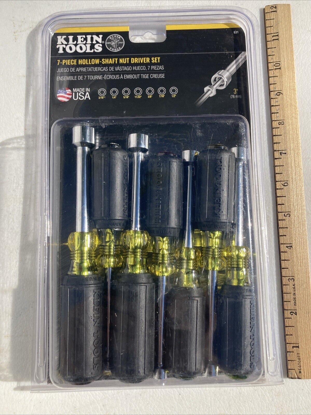 NEW Klein Tool 7 Piece Hollow Shaft Nut Driver Set # 631 SAE Color Coded Handles