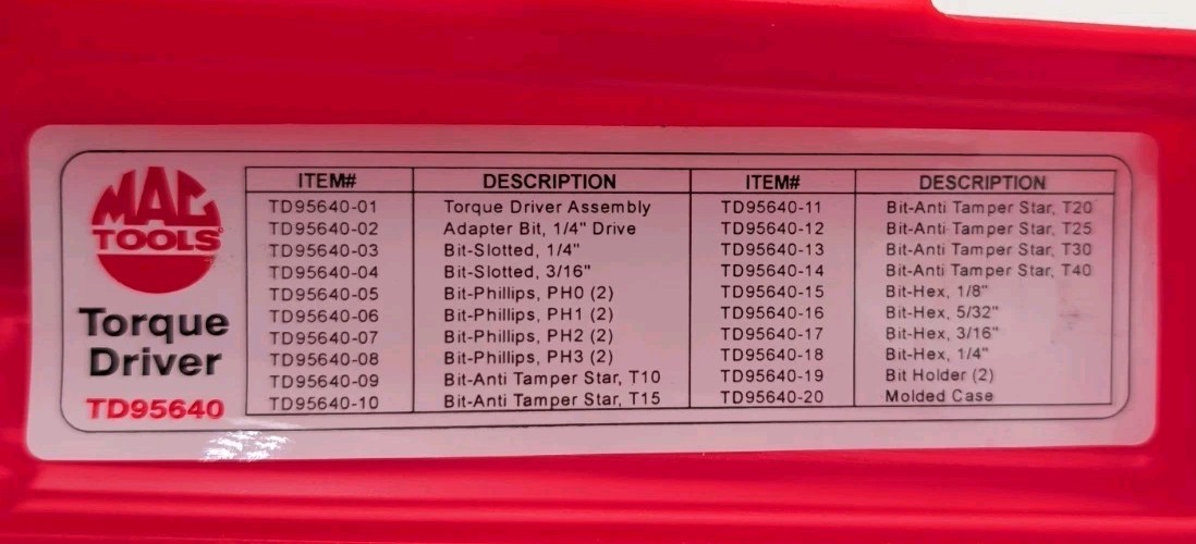 Mac Tools TD95640 1/4″ Drive Torque Screwdriver Set 10-50 In-Lbs Case TD95460