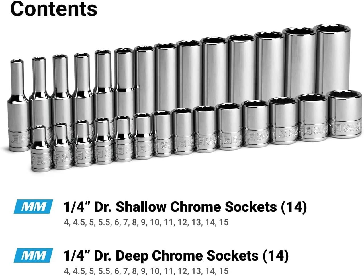 1/4 in. Drive 12-Point Shallow and Deep Socket Set, Metric, 4 to 15 mm, 28-Piece