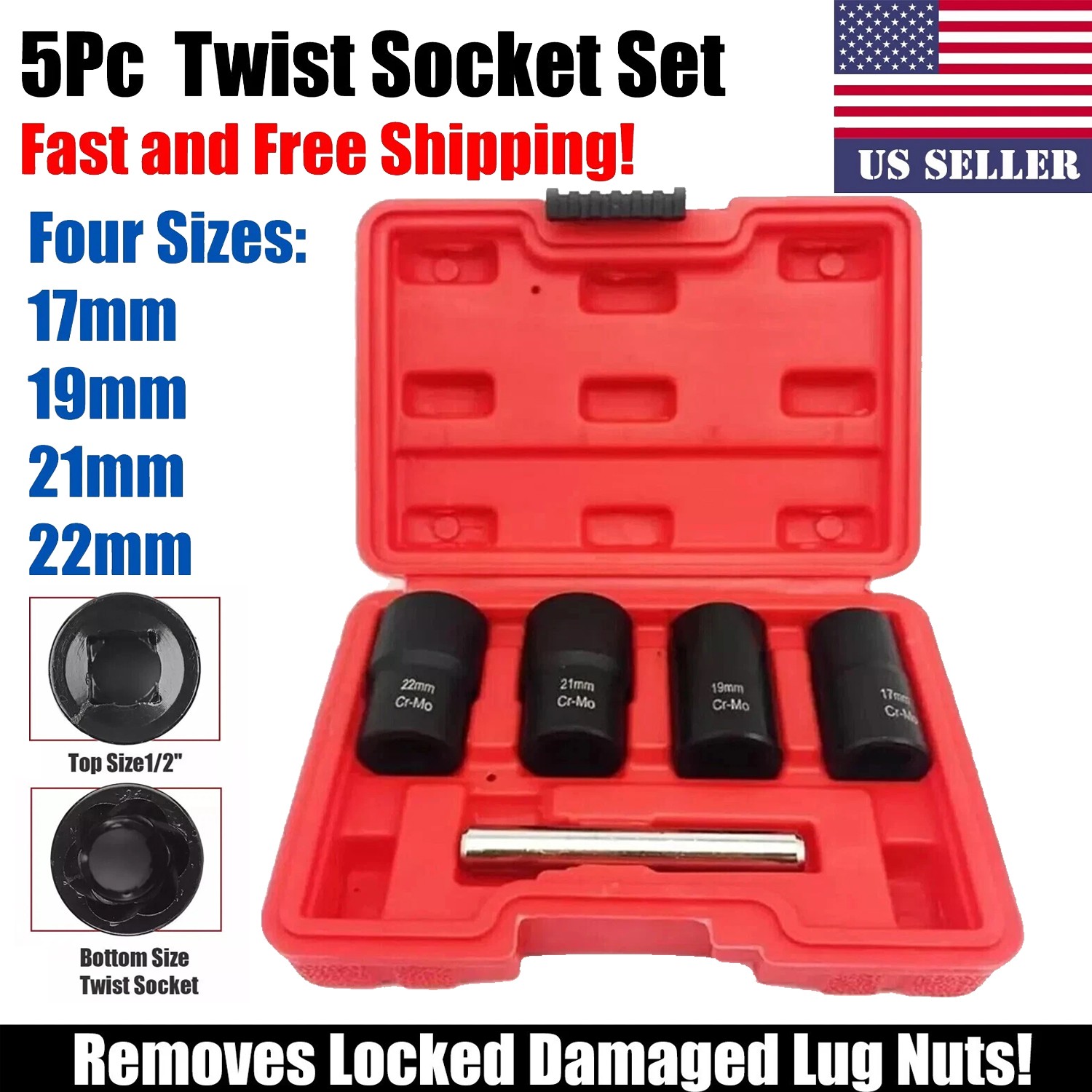 5Pc 1/2” Twist Socket Drive Wheel Lug Nut Damaged,Stripped Remover 17 19 21 22mm