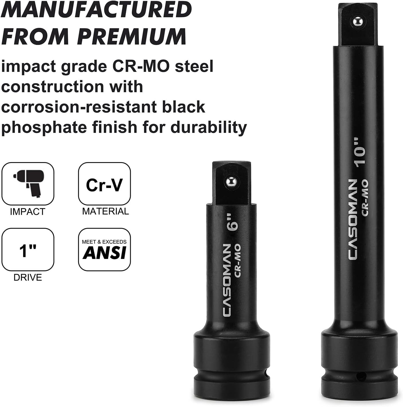 CASOMAN 1-Inch Drive Impact Extension Bars, Length: 6″ & 10″, Impact Socket Exte