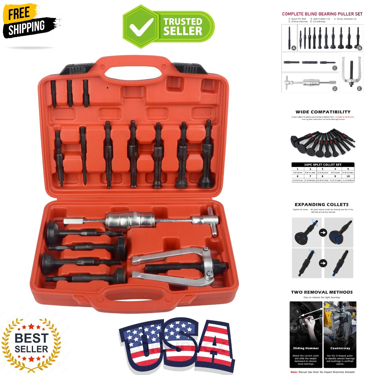 Blind Hole Collet Bearing Puller Set,16 pcs Inner Bearing Extractor Kit with …