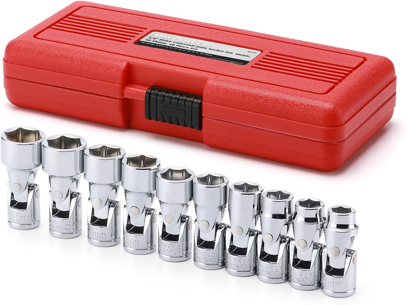 10-piece 3/8″ Drive Universal Joint Socket Set, 6 Point, Metric, 10-19 mm, Swive