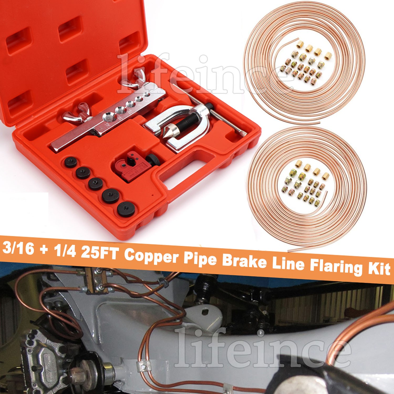 25ft 3/16 + 1/4 Copper Coated Brake Line and Double & Single Flaring Tool Kit