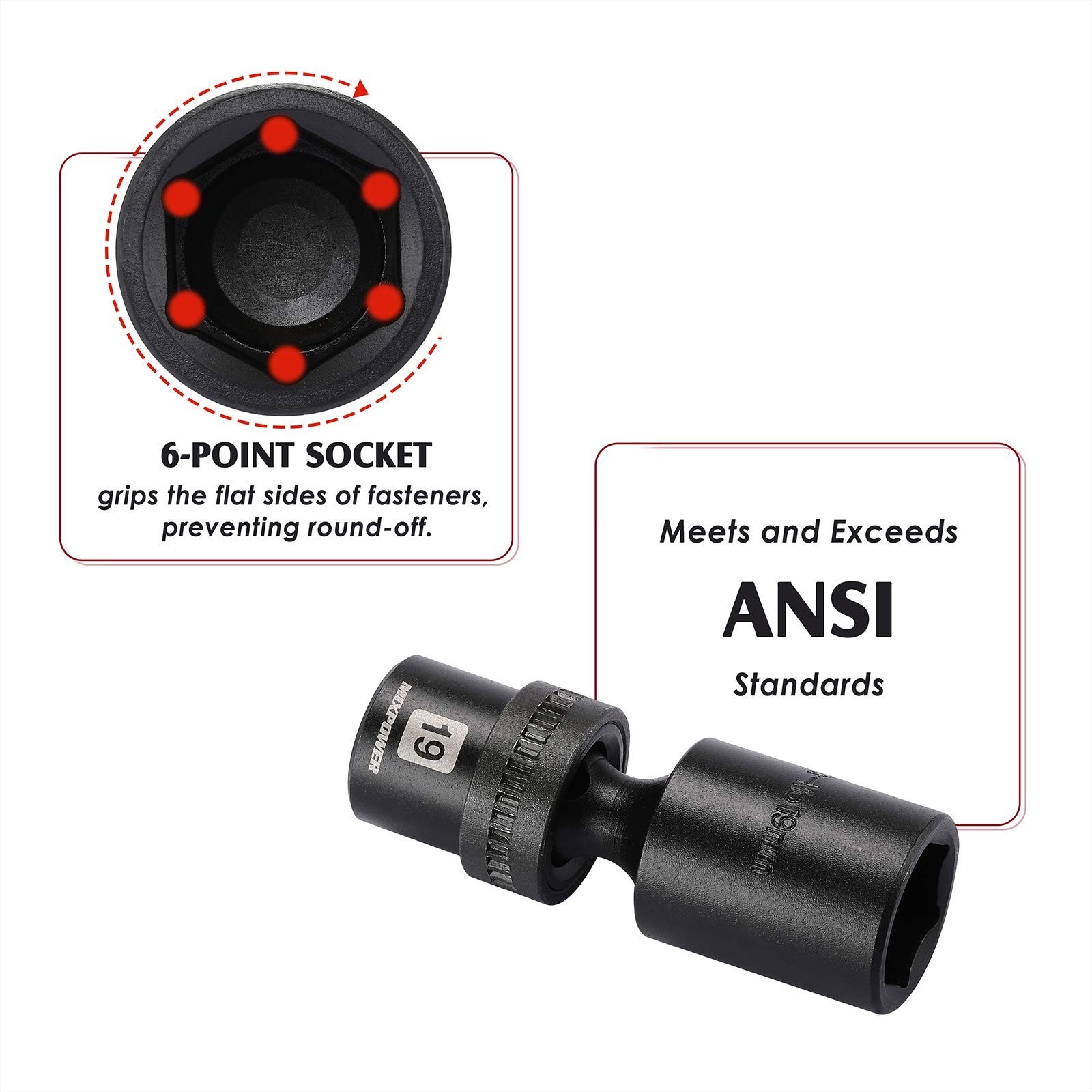 10-Piece 3/8″ Drive Deep Impact Socket Set, 6 Point Metric 10-19mm, Swivel Wobbl