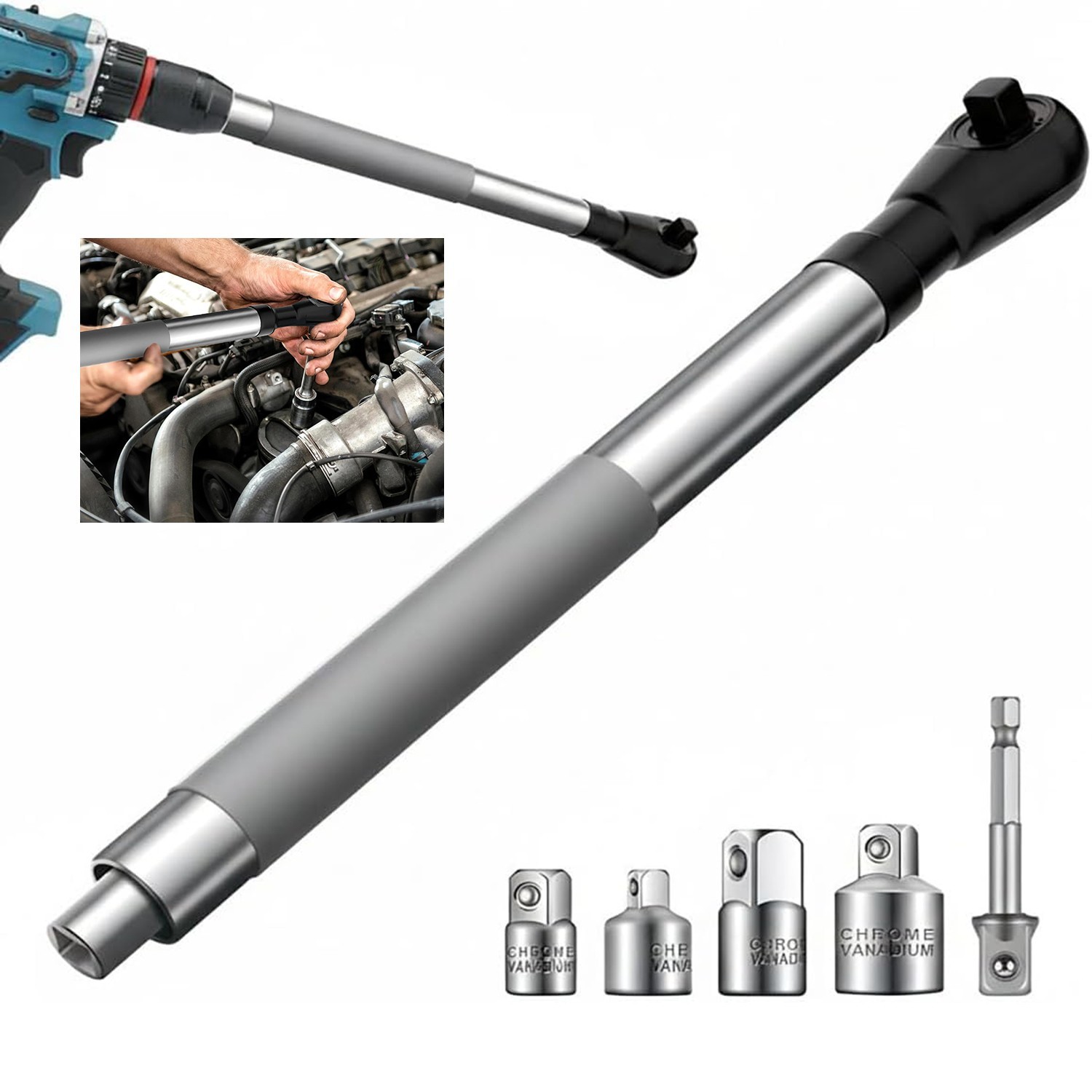 1/2″ Offset Extension Wrench Impact Ratchet Extender for Electric Drill 3/8″ 1/4