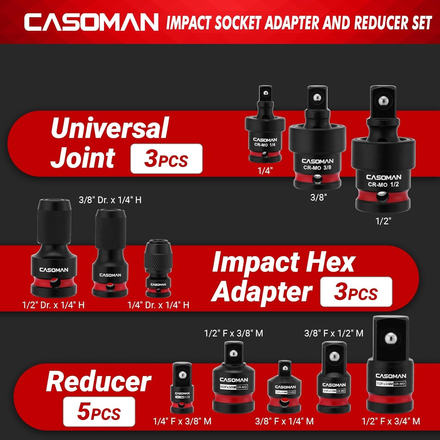 11PCS Impact Socket Accessory Set Adapters and Reducers1/4″ Hex Converters
