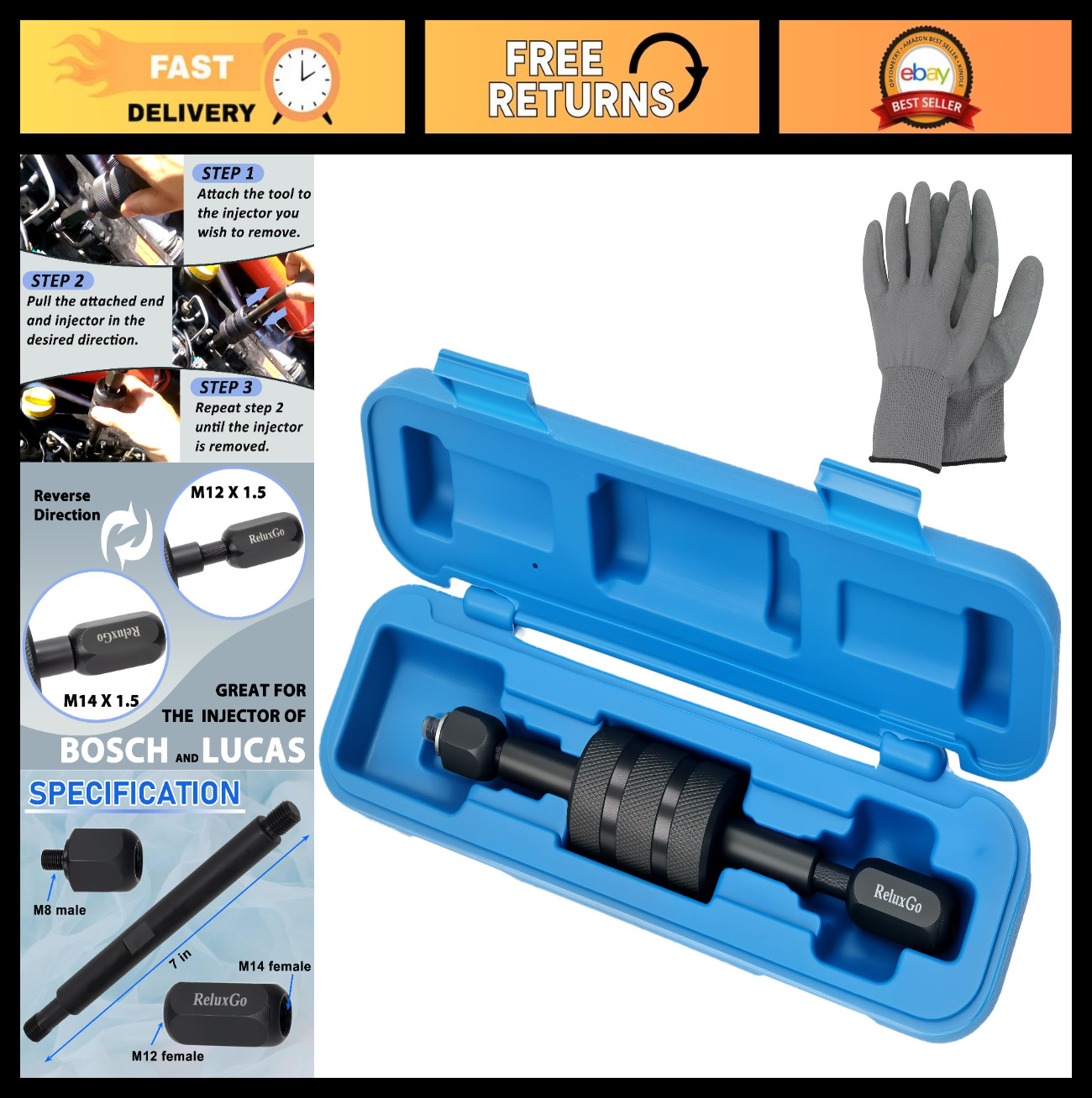 Common Rail Diesel Injector Puller Tool Set, Slide Hammer Remover w/ M8 M12 M14