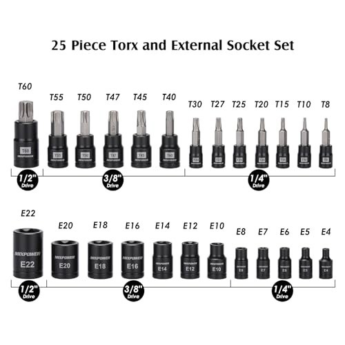 25-Piece Torx Bit & Socket Set – 13 Star Bits (T8-T60) + 12 E-Torx Sockets (E4-E
