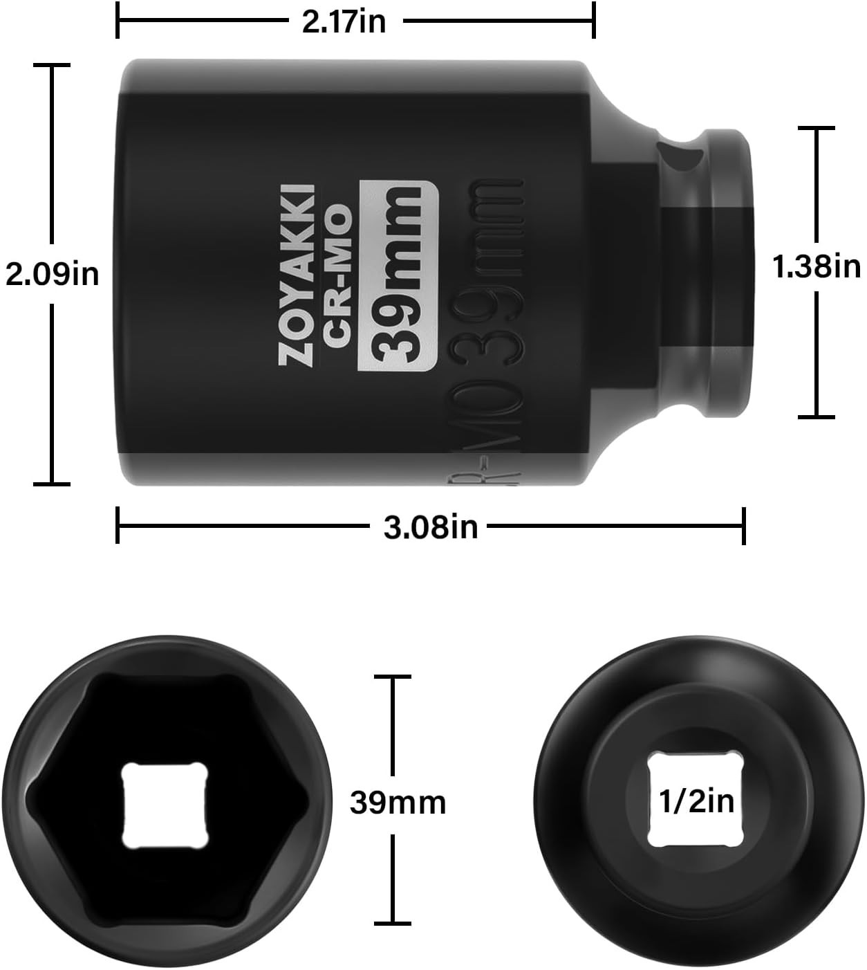 1/2″ Drive x 39 mm Deep 6 PT Impact Socket, CR-MO, 1/2-inch Drive 6 Point Axl…