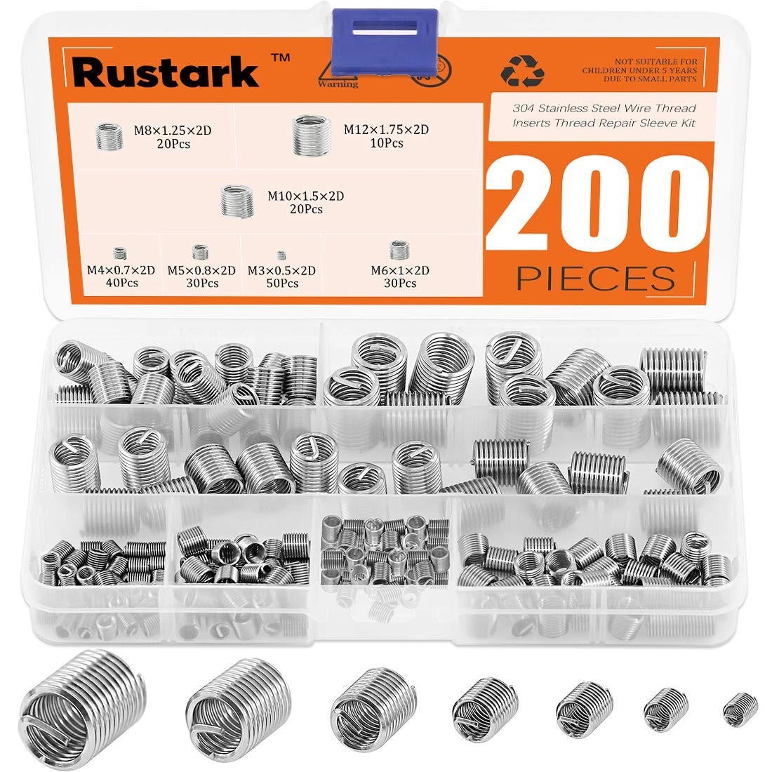 200 Pcs Stainless Steel Thread Inserts Kit M3-M12 Helicoil Screw Repair Set
