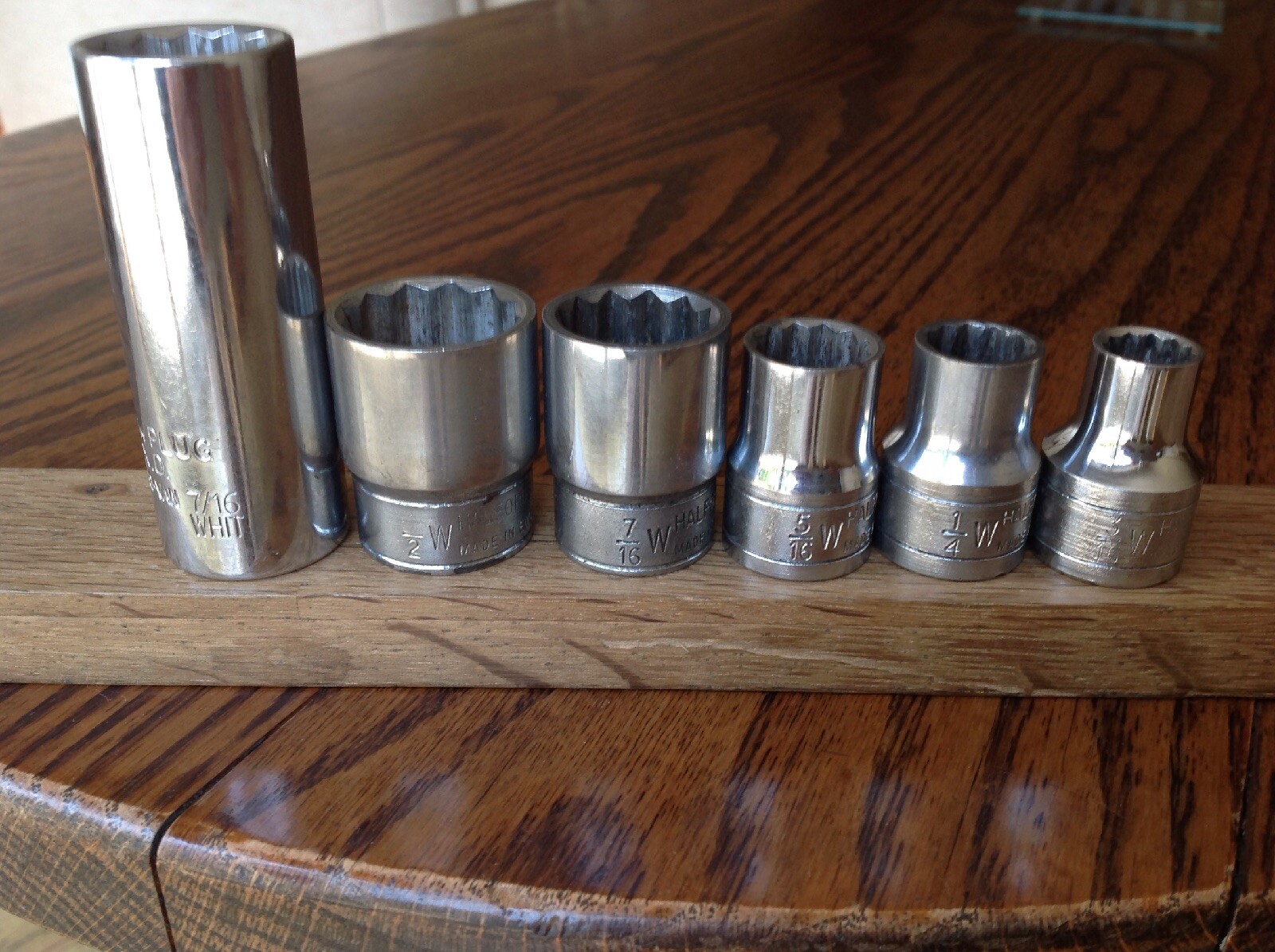 6 Halfords Sockets 1/2″ To 3/16″Whitworth With 1/2″Drive & 7/16″w Plug Socket.