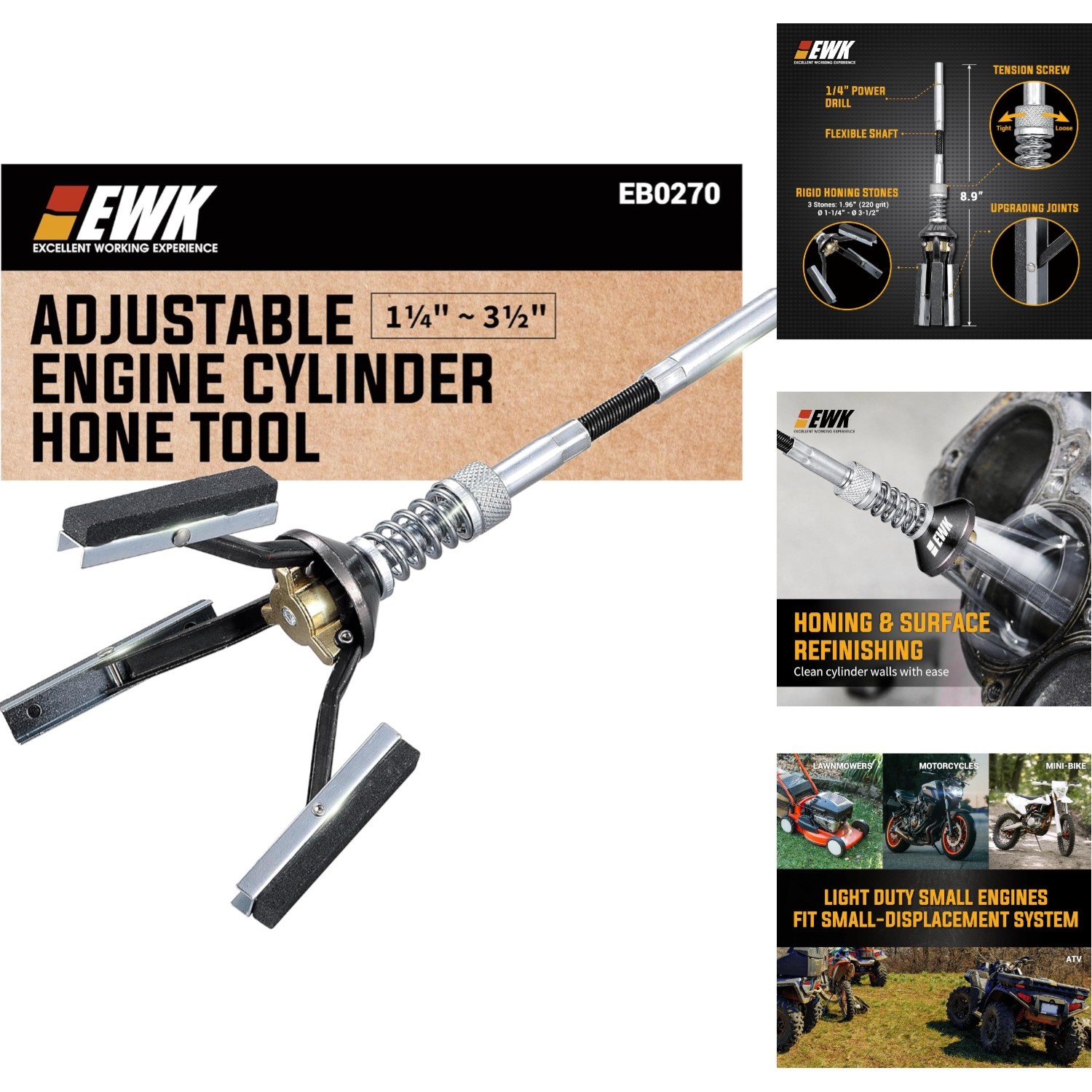 Adjustable Engine Cylinder Hone Tool 1¼-3½» 3-Stone Steel Deglazer Piston Honer