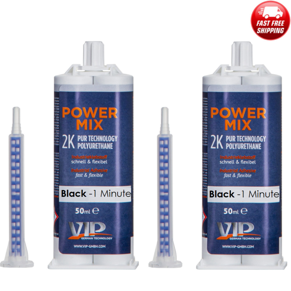 2 x Power Mix 2K Polyurethane Universal Repair Black Adhesive Plastic / Metal