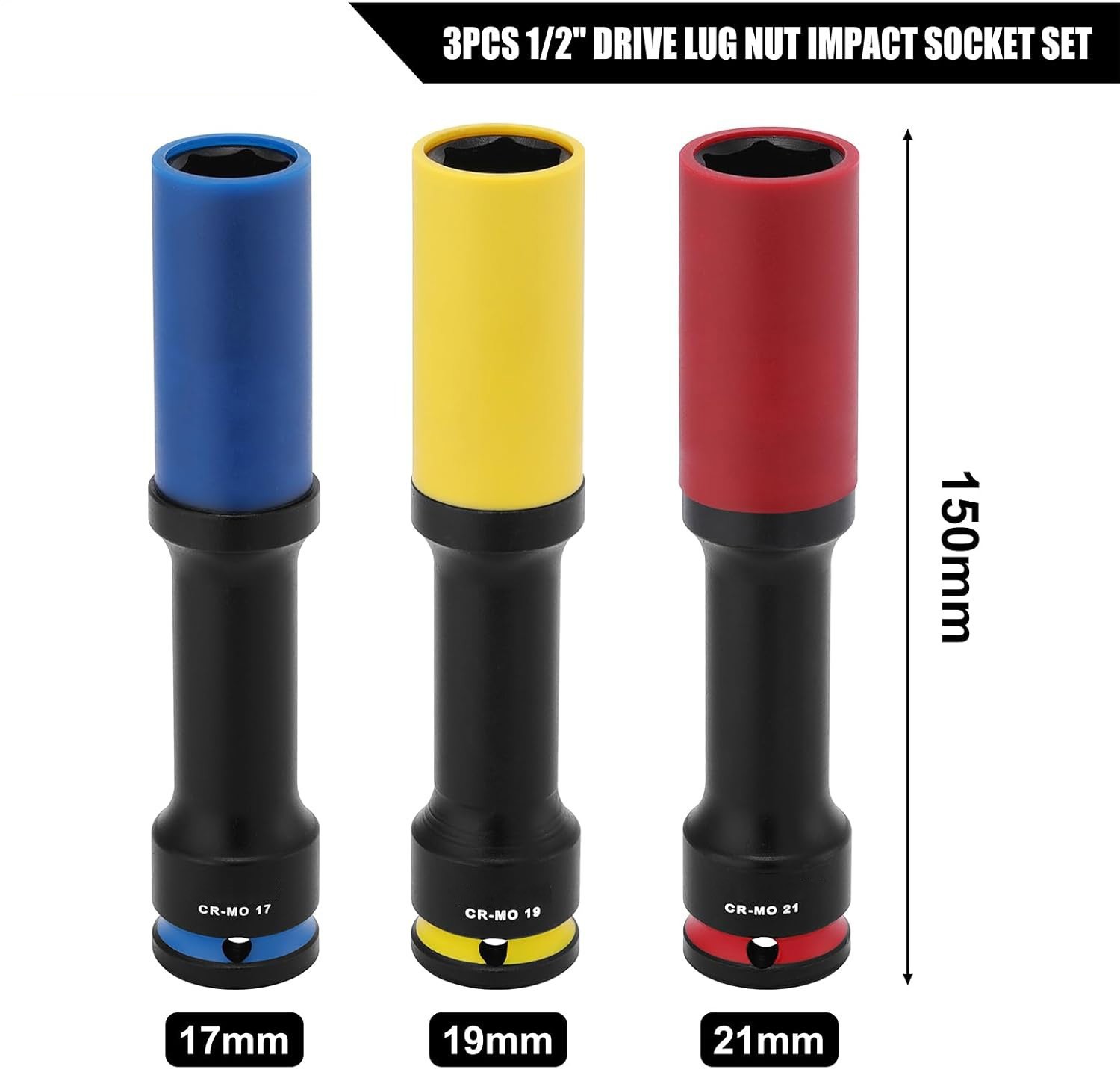 3PCS 1/2″ Drive Non-marring & Thin Wall Lug Nut Impact Socket Set, for Wheel Lug