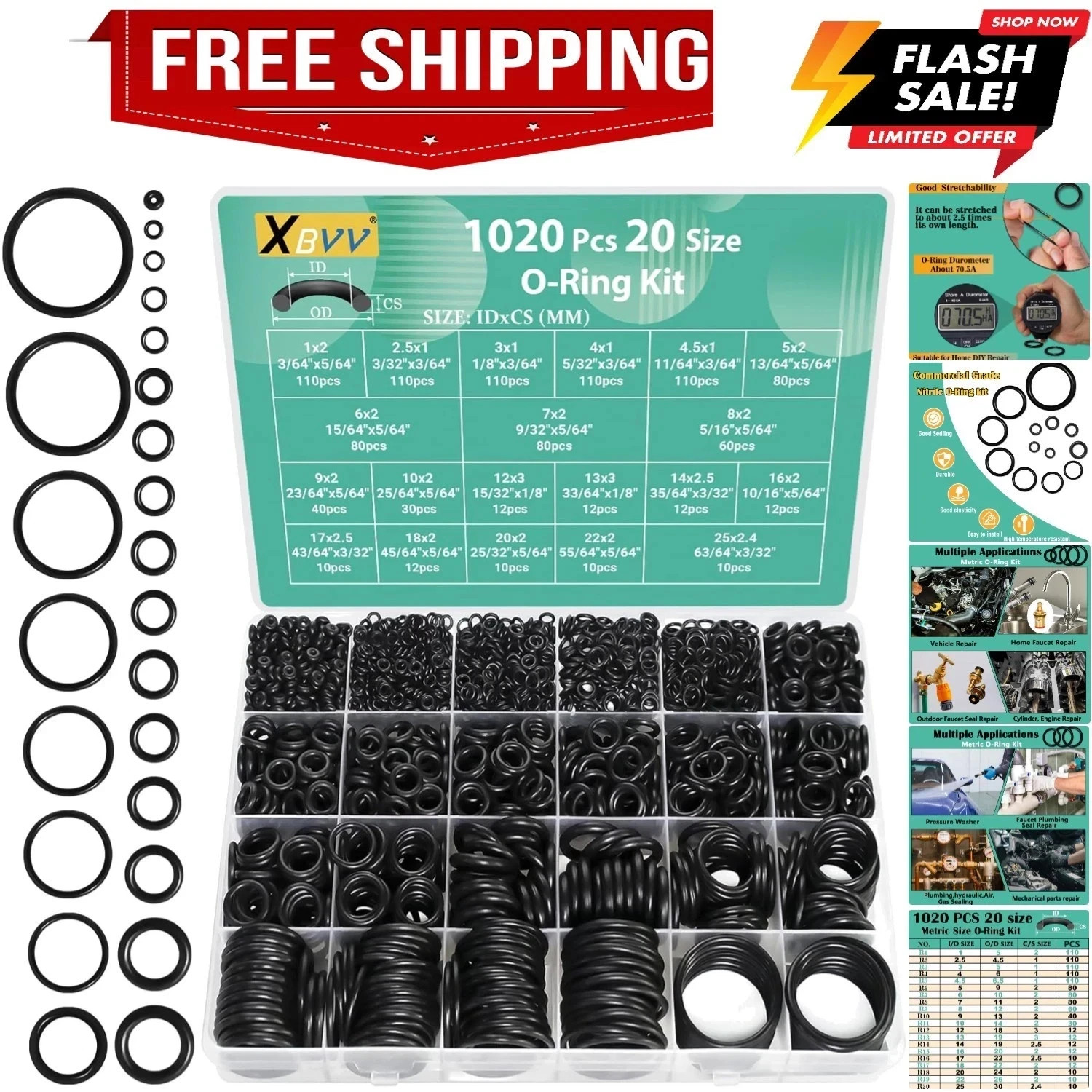 1020 Pcs O Ring Kit 20 Size Nitrile Rubber O Ring Assortment Set for Car